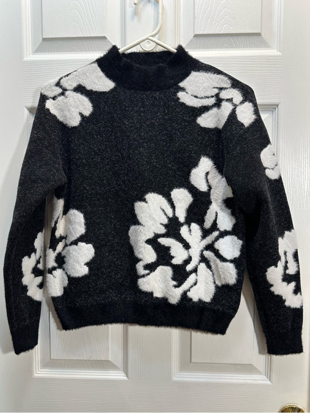 Philosophy Black Sweater with White Floral Pattern - Turtleneck Pullover